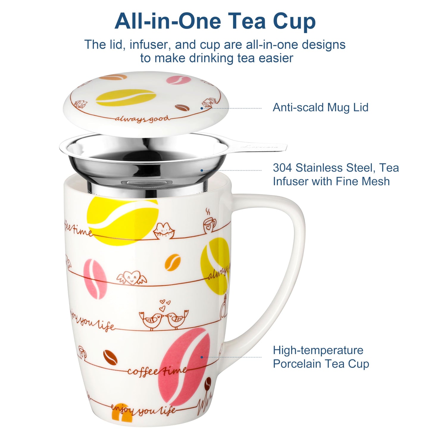 Tea Mug with Infuser and Lid, Tea Infuser Mug with Handle Ceramic Mug with Filter for Tea