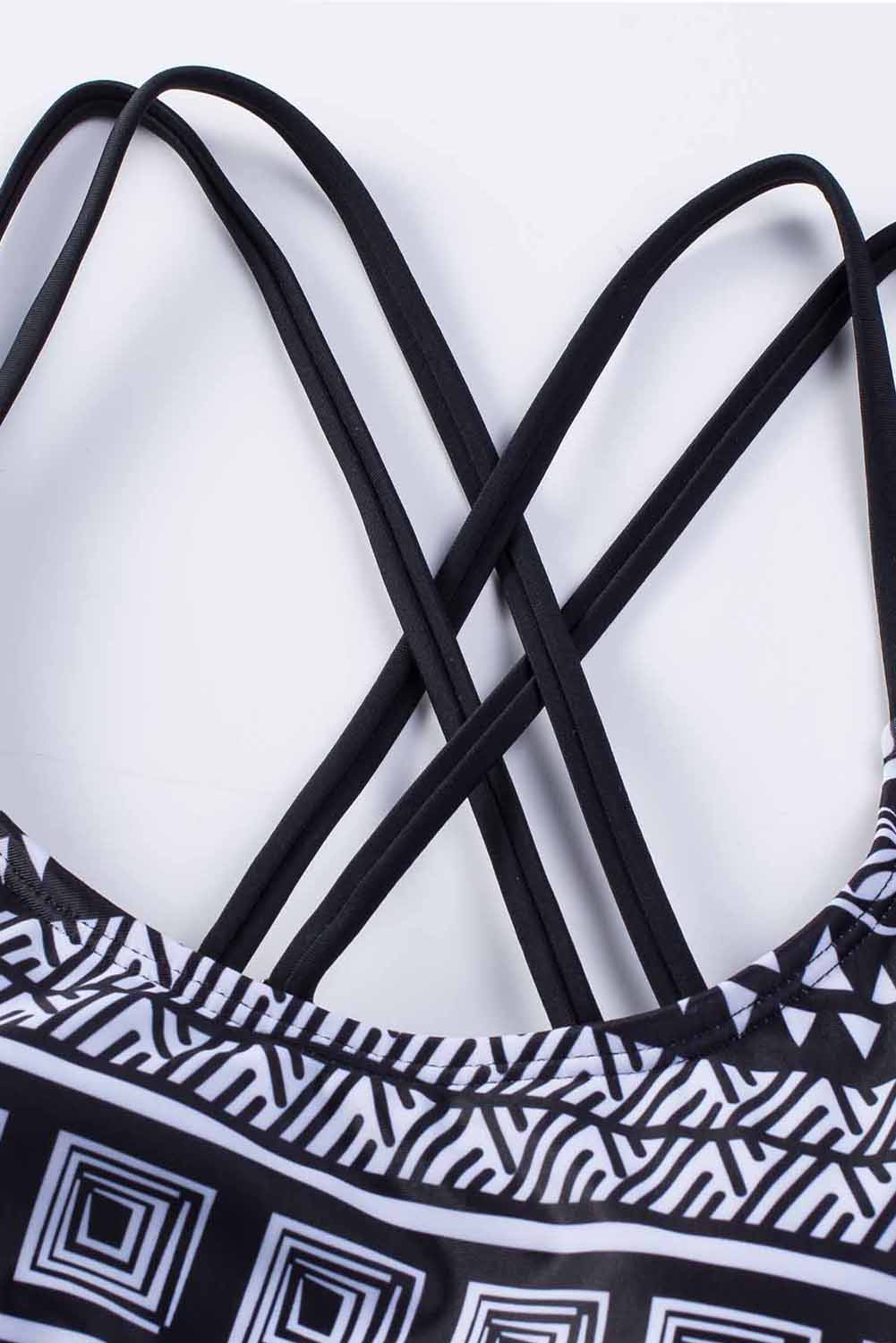 Black 3pcs Mesh Cutout Print Tankini Swimsuit