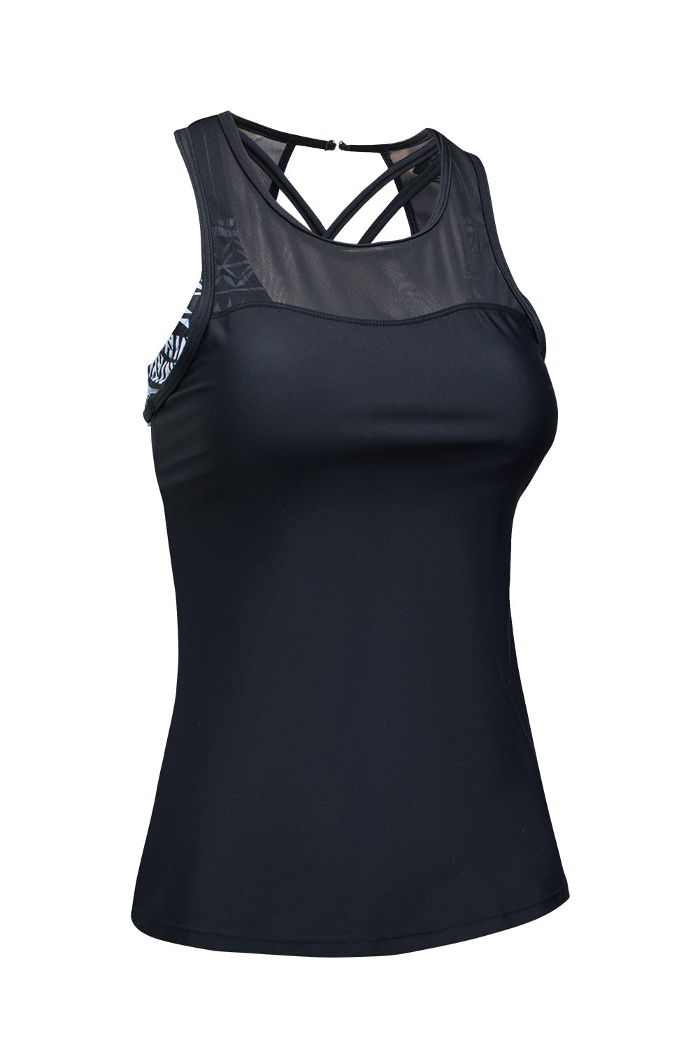Black 3pcs Mesh Cutout Print Tankini Swimsuit